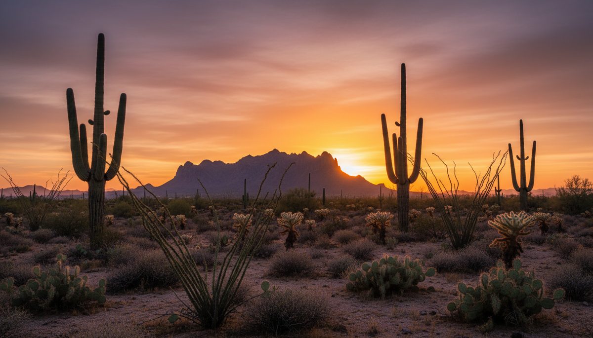 The Sonoran Desert outside Phoenix at sunset with saguaro cactus silhouettes against a fiery sky and a distinctive mountain ridge in the middle distance.